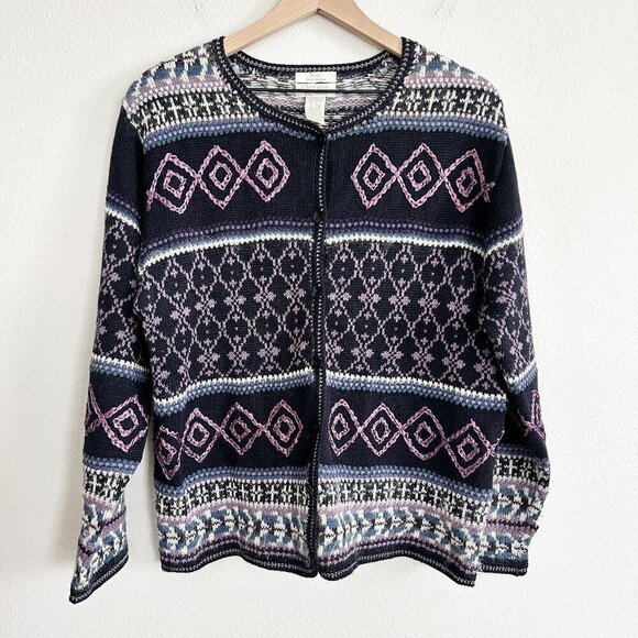 Vtg Christopher Banks Sweater Womens L Blue Fair Isle Hand Embroidered Cardigan - Picture 1 of 8